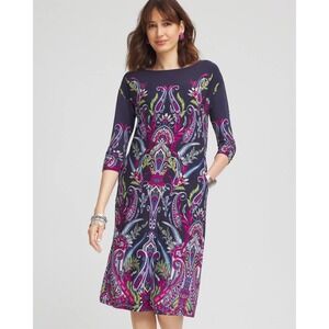 Chicos Ruched Sleeve Midi Dress Size 2 Large Multi Paisley Floral Stretch Office